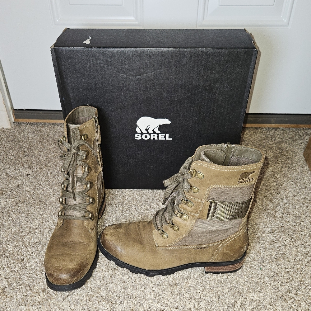 Sorel Emelie Conquest Waterproof, size 7.5,  green/tan